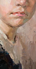 Cute beautiful girl holding her hair. Fragment of oil painting on canvas. .Portrait of a child with brown eyes and blond hair.