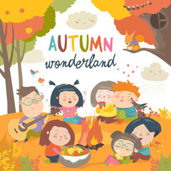 Cute friends sitting around bonfire in autumnal forest. Vector illustration