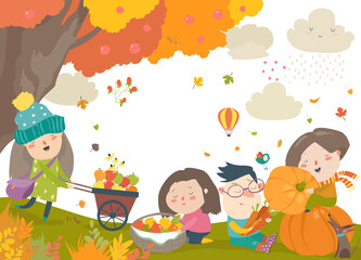 Happy children harvesting in autumn garden. Vector illustration