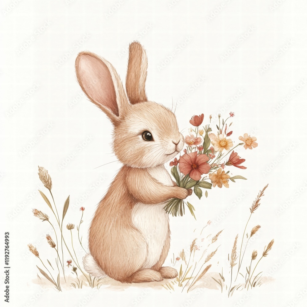 Aufkleber cute rabbit holding a bouquet of wildflowers in a serene natural setting during spring time. generat