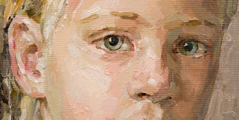 Cute beautiful girl holding her hair. Fragment of oil painting on canvas. .Portrait of a child with brown eyes and blond hair.