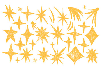Crayon sparkle stars set. Space shine shapes and blings doodle pack. Comets and blinking on night sky. Vector handdrawn by pencil or pastel illustration isolated on white background. © Syuzann q