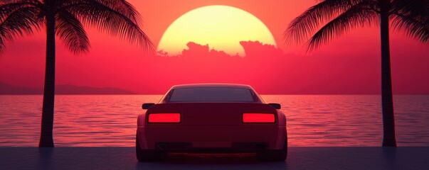 Red Sports Car at Sunset Beach Palm Trees Silhouette Ocean View Summer Vacation