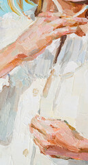 Girl in a straw hat on a blue background. Oil painting on canvas.