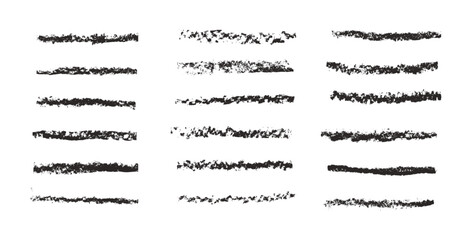 Obraz premium Black crayon lines set. Charcoal brush stroke doodle. Underline pencil elements. Scribble long textured grunge highlight. Vector sketch strips drawn by chalk illustration isolated on white background.