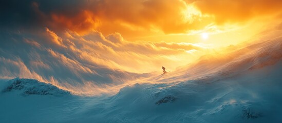Fototapeta premium Snowy peak sunset, windswept scene