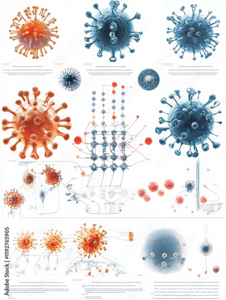 Aufkleber illustrated stages of virus lifecycle showing penetration, replication, and spreading in a scientifi