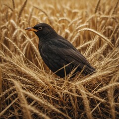 Obraz premium A blackbird in a nest surrounded by golden summer wheat fields.