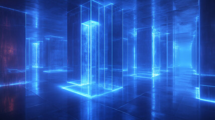 futuristic digital space featuring glowing blue pillars and reflective surfaces, creating immersive and abstract environment. atmosphere evokes sense of wonder and exploration
