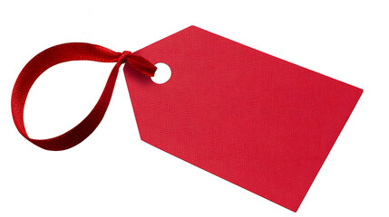 Red gift tag with ribbon blank plain isolated transparent background photo PNG file