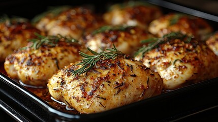 Juicy, seasoned chicken breasts garnished with fresh herbs, resting on a baking tray, ready to serve