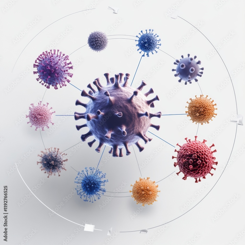 Poster illustrated stages of a virus lifecycle showcasing penetration, replication, and spreading in scient