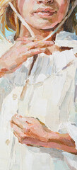 Girl in a straw hat on a blue background. Oil painting on canvas.