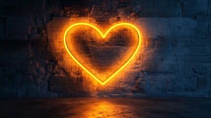 Neon heart shaped light on dark textured wall with warm glow