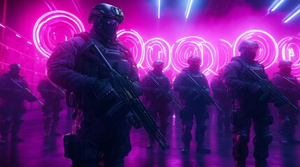 Group of tactical officers in armor stands under vibrant neon pink lights, exuding intensity and readiness.