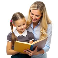 Female teacher and girl kid student reading book isolated on transparent background