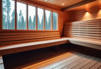 Peaceful wooden sauna interior with large windows overlooking a forested landscape during a misty...