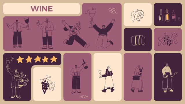 Wine wine rating. People drink cocktails on bento grid box background. Tasting event on modular mosaic grid. Party with alcohol drinks. Women and men with wineglasses. Geometric vector illustration.