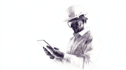 Abstract polygonal isolated engineer in technology style on a white background. Industry safety or architecture concept. Worker in white helmet holding tablet. Low poly wireframe vector illustration.