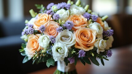 Obraz premium Elegant bridal bouquet with peach and white roses, lisianthus, and statice.