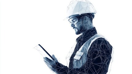 Obraz premium Abstract polygonal isolated engineer in technology style on a white background. Industry safety or architecture concept. Worker in white helmet holding tablet. Low poly wireframe vector illustration.