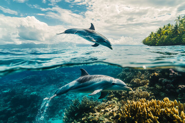 Naklejka premium Close-up of a single dolphin underwater, Rays of sunlight penetrating the surface
