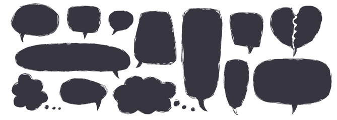 Speech bubbles set. Crayon doodle text frames. Chat dialog boxes. Comic talk clouds by chalk or pencil isolated on white background. Childish style quotation balloon Vector hand drawn illustration.