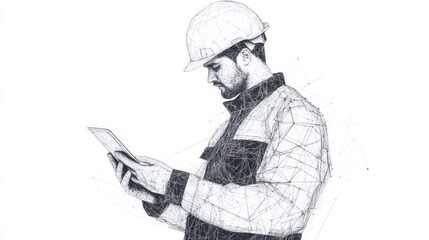 Abstract polygonal isolated engineer in technology style on a white background. Industry safety or architecture concept. Worker in white helmet holding tablet. Low poly wireframe vector illustration.