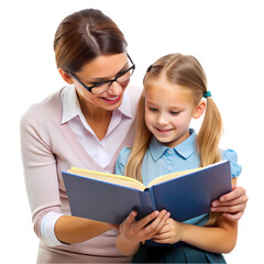 Female teacher and girl kid student reading book isolated on transparent background