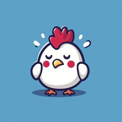 White chicken standing with eyes closed on solid blue background for children's content