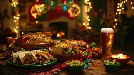 Mexican fiesta table featuring burritos, tacos, and chilled beer with festive decor and lighting