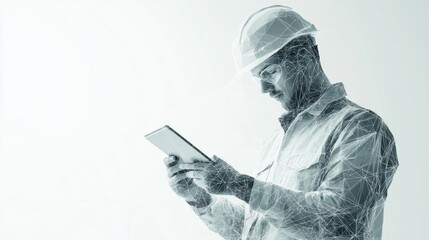 Abstract polygonal isolated engineer in technology style on a white background. Industry safety or architecture concept. Worker in white helmet holding tablet. Low poly wireframe vector illustration.