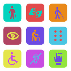 Bright square signs for people with special needs. Set of disability icons.