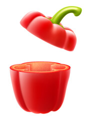 Red bell pepper cross section isolated on white background. Bell pepper rings. Fresh ripe vegetable. Sweet bell pepper , side view, realistic 3D vector illustration, natural food