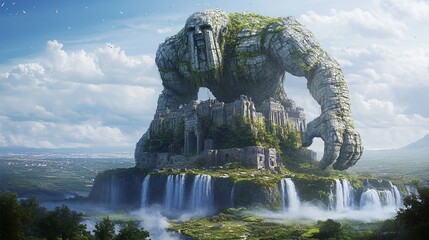 Giant stone colossus towers over ancient fortress amid lush landscape with cascading waterfalls.