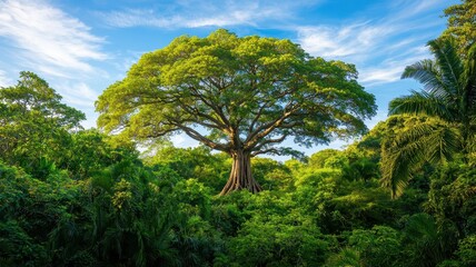 Majestic Tropical Rainforest Tree Canopy Lush Green Foliage Sunny Sky
