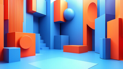 Dynamic geometric forms in vibrant blue and orange create striking visual space filled with shapes and textures, evoking sense of modern art and creativity