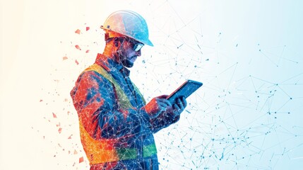 Abstract polygonal isolated engineer in technology style on a white background. Industry safety or architecture concept. Worker in white helmet holding tablet. Low poly wireframe vector illustration.