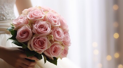 Obraz premium Close-Up Shot of a Bouquet of Pale Pink Roses Held by a Bride in Soft Natural Light with a Dreamy Background