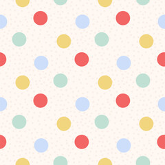 Polka dots seamless pattern. Circle confetti endless background. Birthday round elements repeat cover. Colorful chaotic spots continuous ornament. Surface design festive motif. Vector illustration.