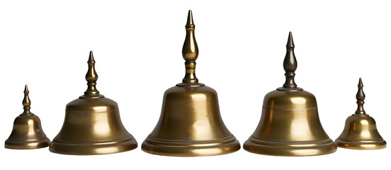 Obraz premium Brass Bells in a Row: Five gleaming brass bells of varying sizes arranged in a neat row, showcasing their intricate details and smooth surfaces.