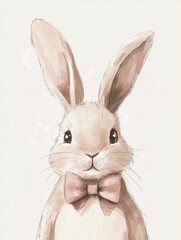 Obraz premium Cute illustrated rabbit with bow tie on neutral background, ideal for childrens decorations or storytelling. Generative AI