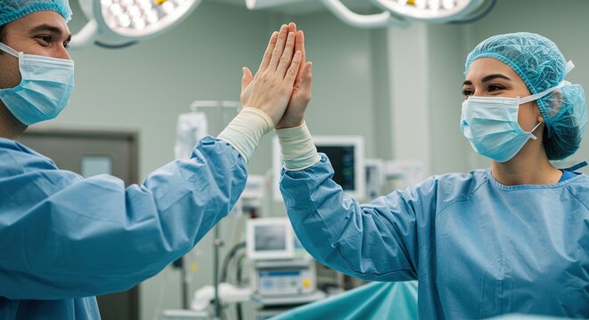 Surgeons High-Fiving in Operating Room Celebrating Successful Surgery - Medical Team Collaboration and Achievement.