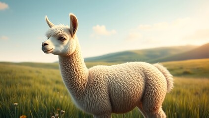 Fototapeta premium White alpaca in a green field at sunset.