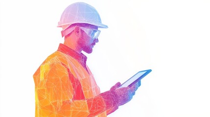 Abstract polygonal isolated engineer in technology style on a white background. Industry safety or architecture concept. Worker in white helmet holding tablet. Low poly wireframe vector illustration.