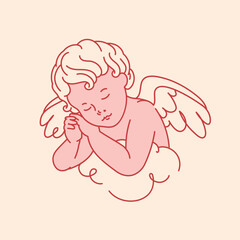 Adorable sleeping cupid angel resting on soft cloud, symbolizing innocence, love, and peace. Minimalist line art is perfect for maternity, Valentine's Day. Ideal for cards, posters, tattoos and prints