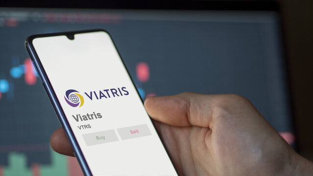 April 09th 2024 , Pittsburgh, Pennsylvania. Close up on logo of Viatris on the screen of an exchange. Viatris price stocks, $VTRS on a device.