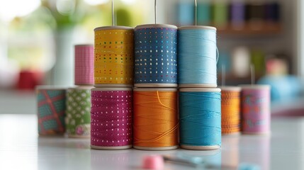 A collection of vibrant spools of thread and a dainty needle nestled in a plush pincushion form a colorful and inviting scene 