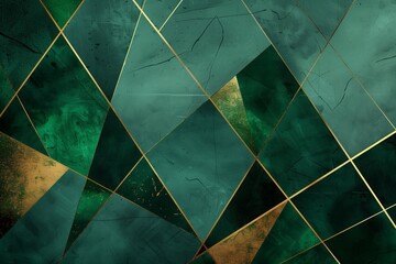 Abstract green and gold geometric background with dark green triangles, dark emerald shapes.