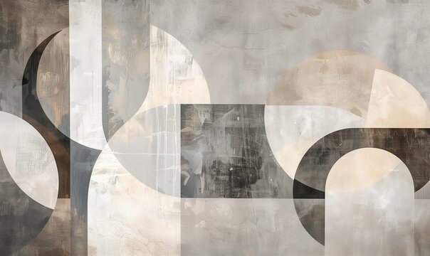 Modern abstract painting, featuring shapes in the form of an arch and circles on a concrete background.